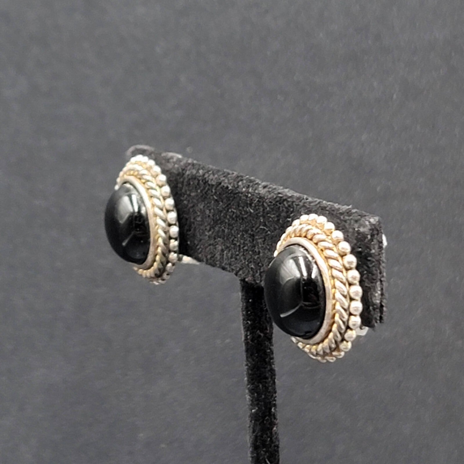 Vintage Clip on Earrings Silver Plated Black Stone Cabochon Studs 3/4"