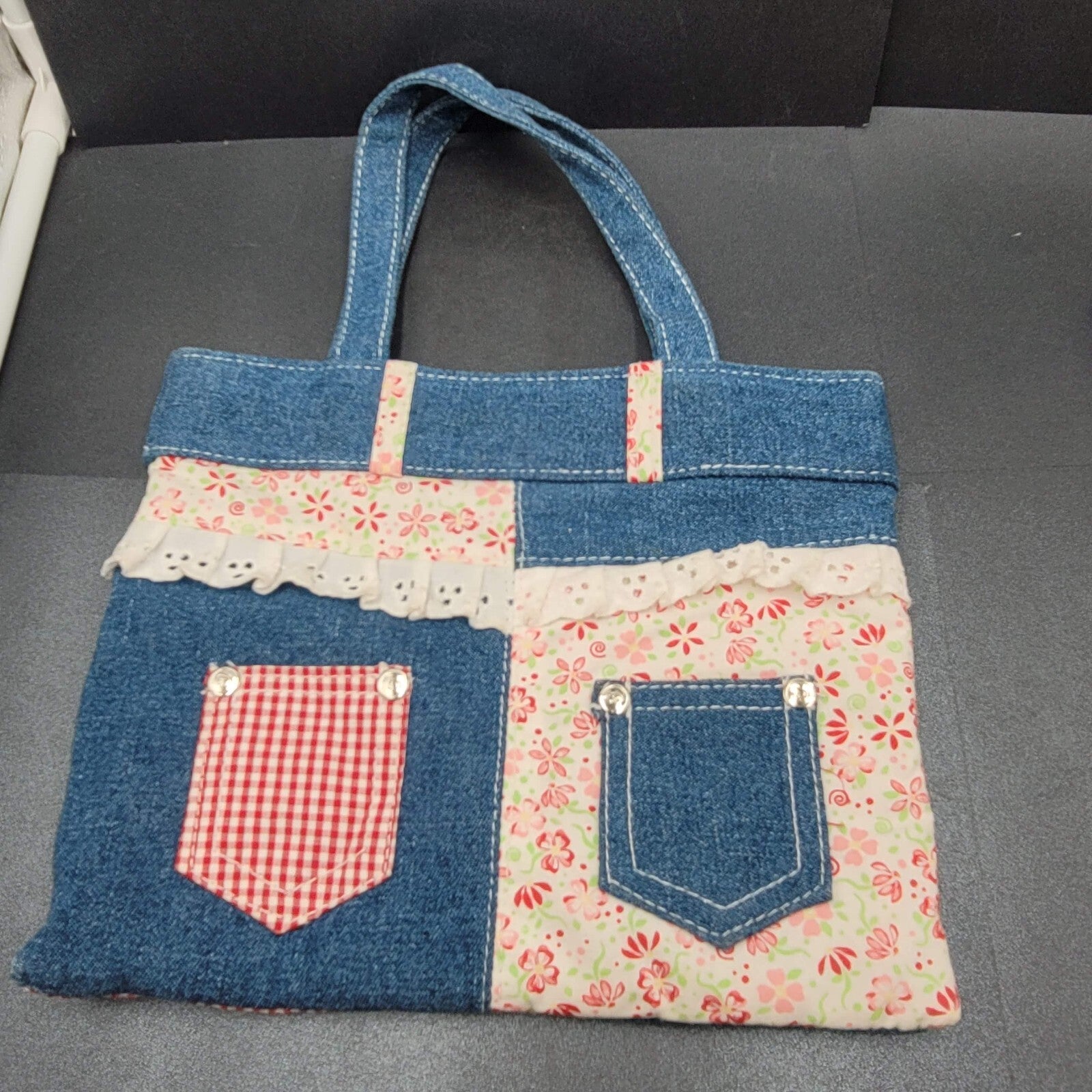 Vintage Denim Purse Red White Plaid Flowers 9.25" x 7.75" Toy