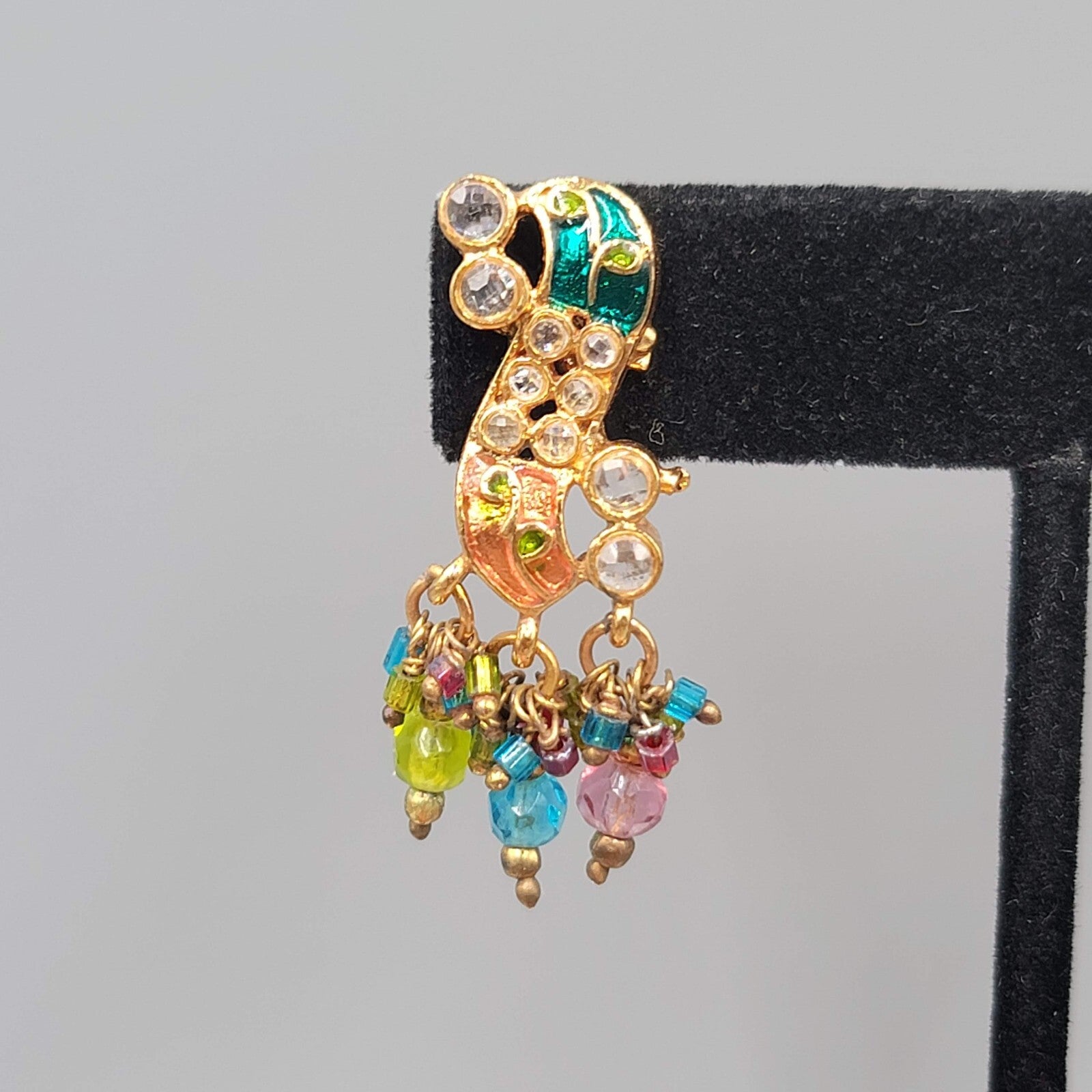 Vintage Bollywood Pierced Earrings Goldtone Intricate Multicolor Rhinestone 1.5"