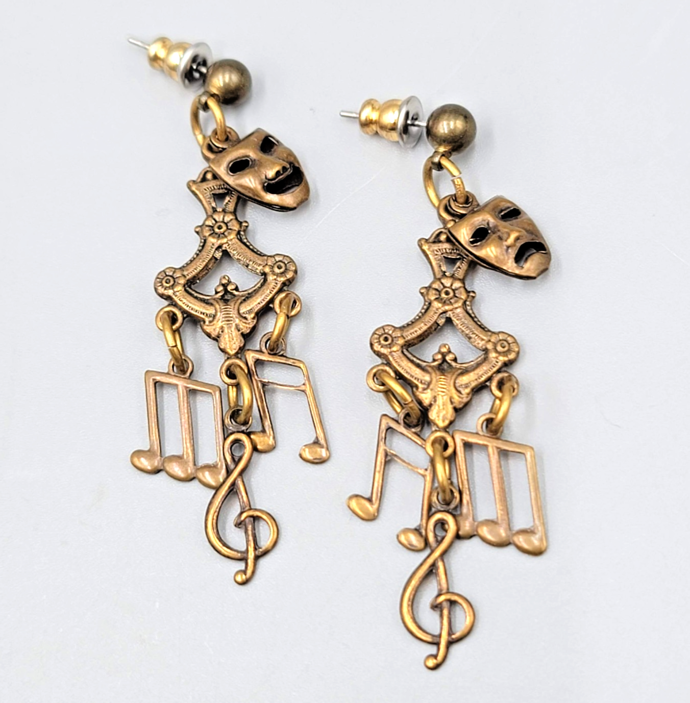 Vintage Music Drama Theme Pierced Earrings Bronze tone Dangle 2 in