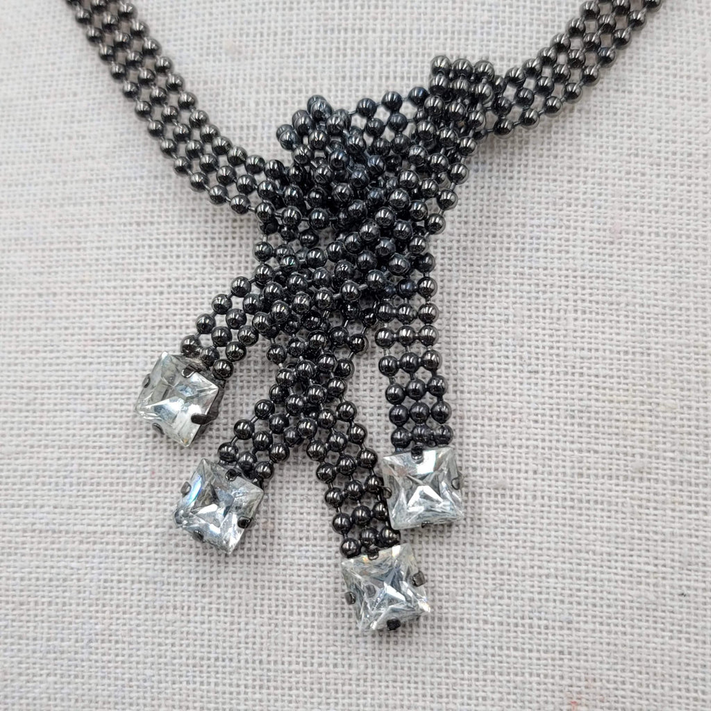 FALLON Designer Statement Necklace Black Bead Chain Square Rhinestone 15"