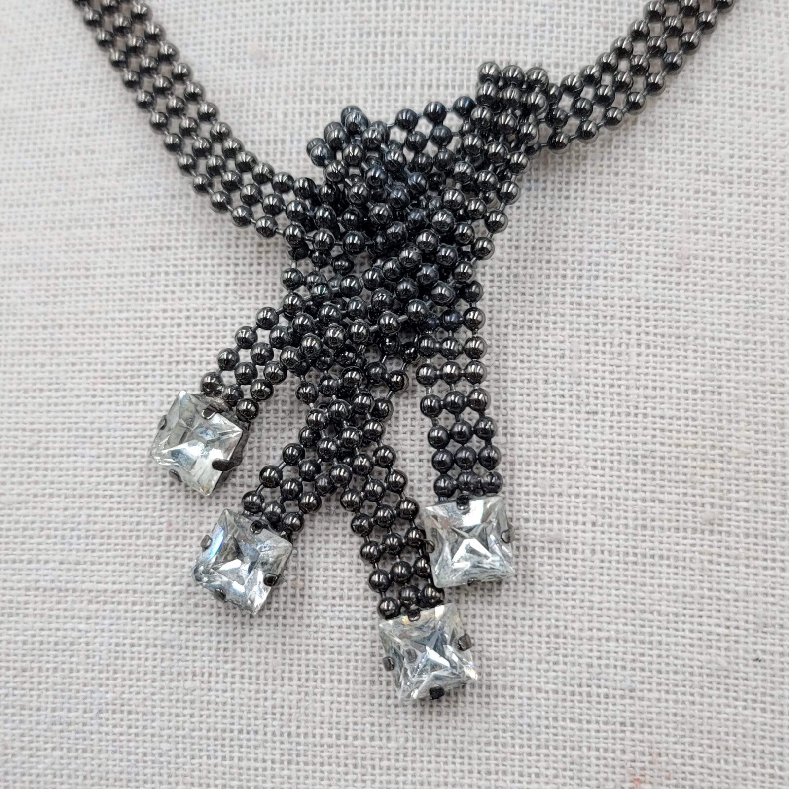FALLON Designer Statement Necklace Black Bead Chain Square Rhinestone 15"