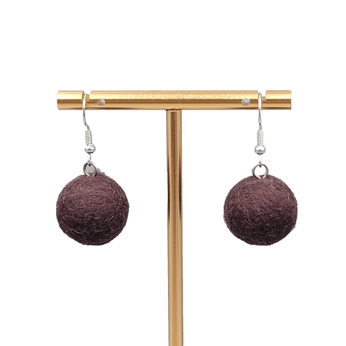 Brown Real Wool Ball Pierced Earrings Silver tone Dangle 3/4"