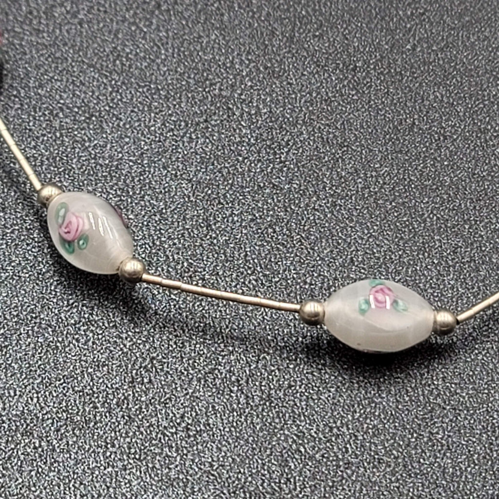 Art Glass Lampwork Rose Bead Necklace Sterling Silver 925 16”-17.5"