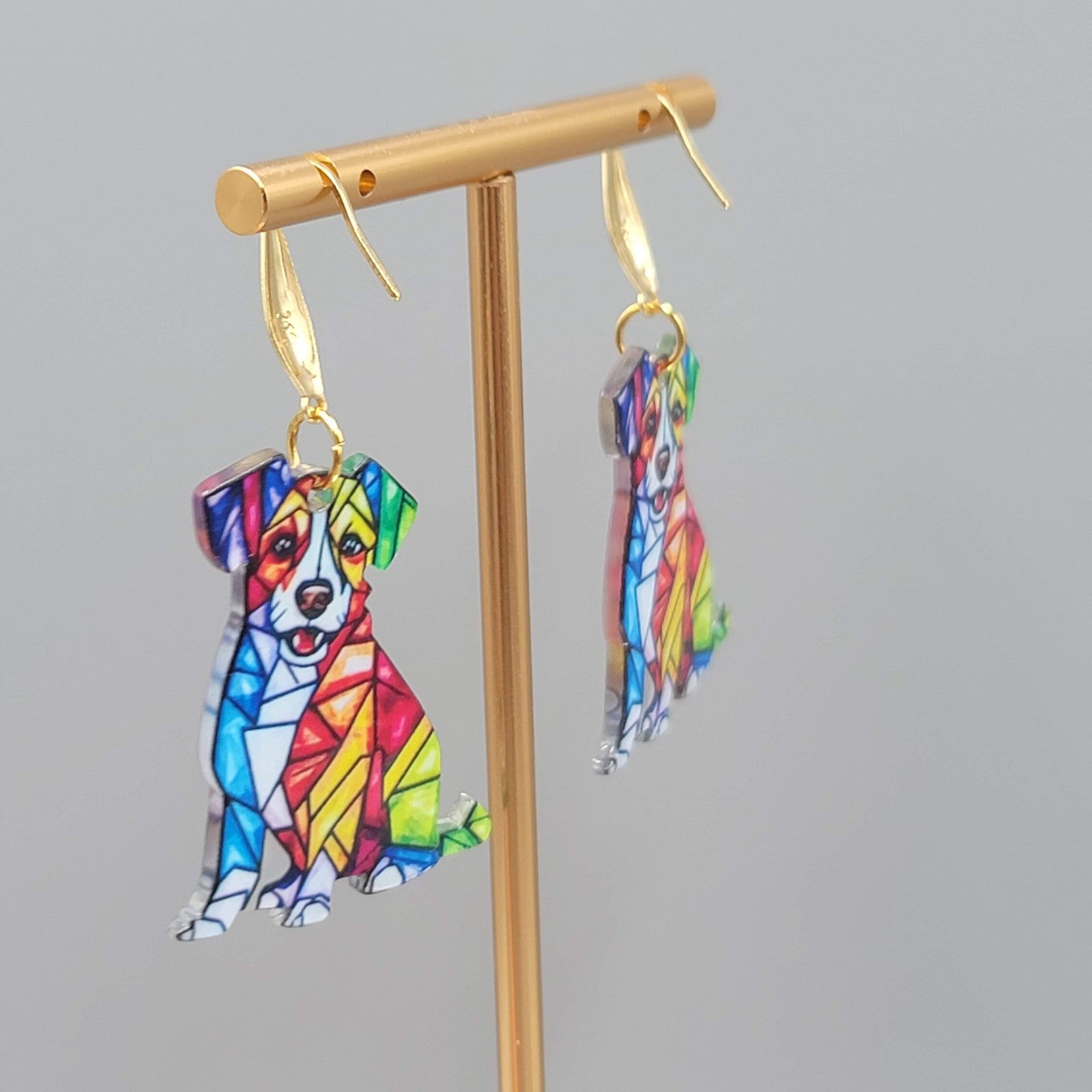Mosiac Dog Pierced Earrings Multicolor Acrylic Dangle Gold tone Hook 1.5"