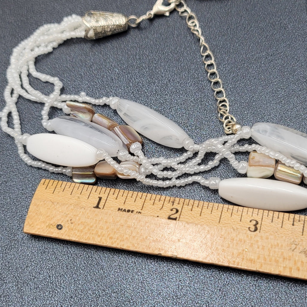 White Bead Beaded Necklace Gold tone Barrel Clasp  18"-21"