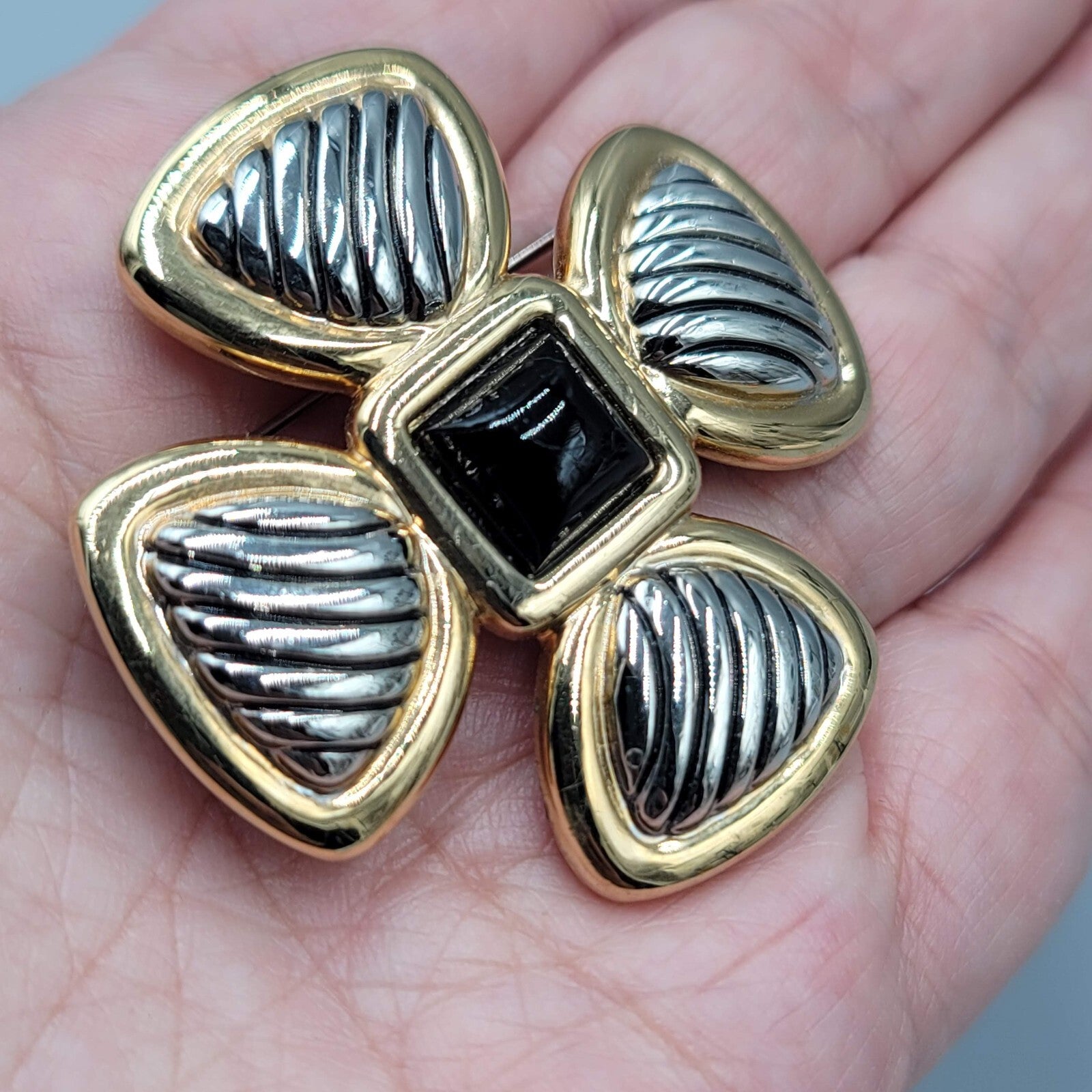 Vintage Brooch Gold and Silver tone Cross Black Center 1.75"