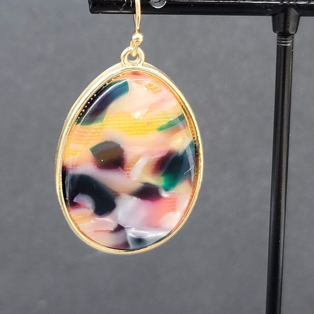 Pierced Earrings Gold tone Confetti Acrylic Teardrop Dangle 1.25"