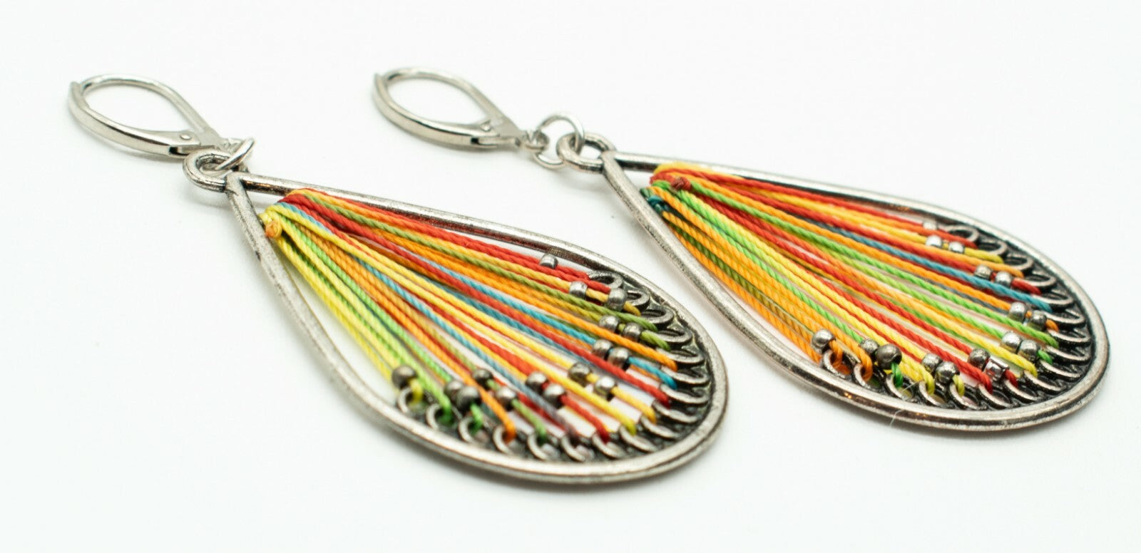 Pierced Earrings Silver tone Dangle Rainbow Thread 2"