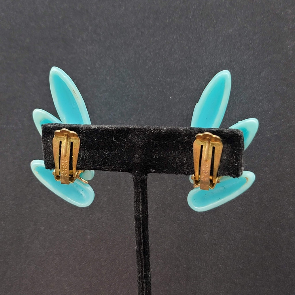Vintage Clip on Earrings Lightweight Plastic Blue Climber W Germany 1 7/8"