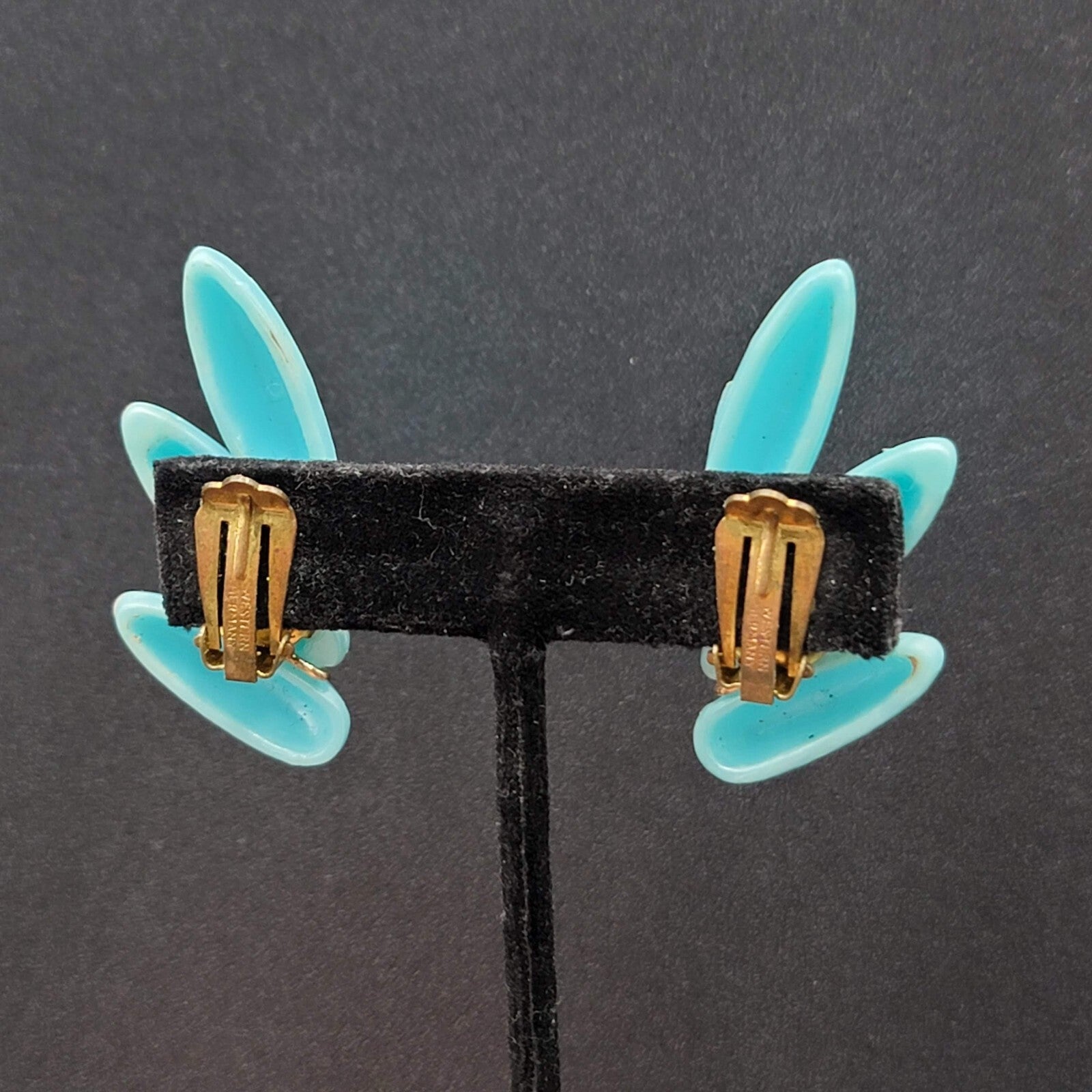 Vintage Clip on Earrings Lightweight Plastic Blue Climber W Germany 1 7/8"