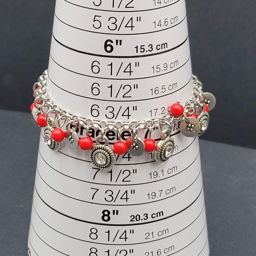 Red Bead Bracelet Silver tone Rhinestone Dangle Adj. 7"-9.5"