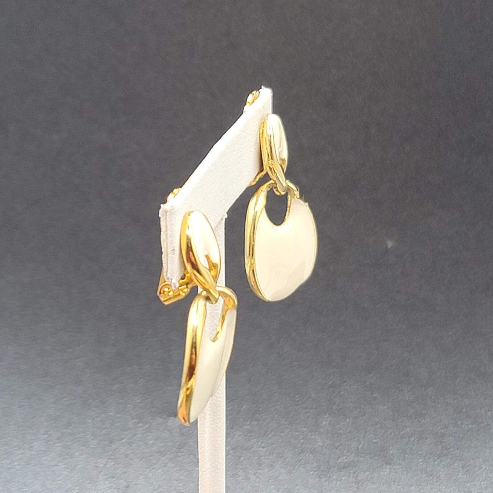 Vintage Clip on Earrings Gold Plate White Enamel Dangle 1.5"