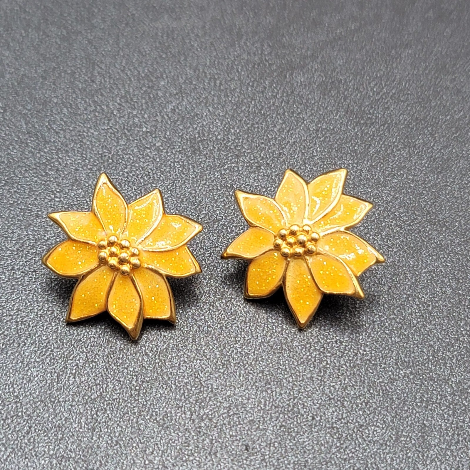 Vintage Pierced Earrings Yellow Enamel Poinsettia Flower Drop 1"