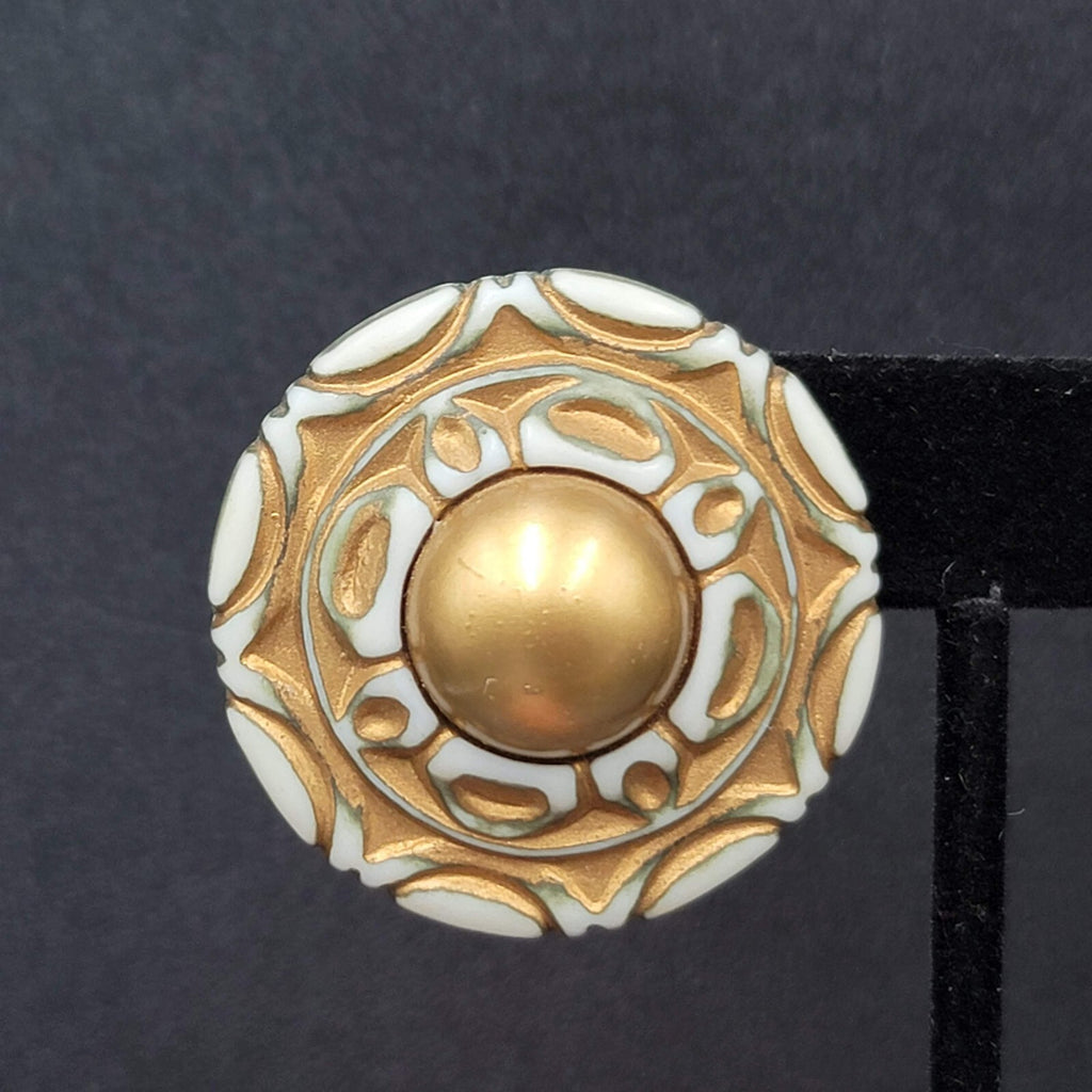 Vintage Pierced Earrings Large Statement Engraved Green Gold White Acrylic  1.5"