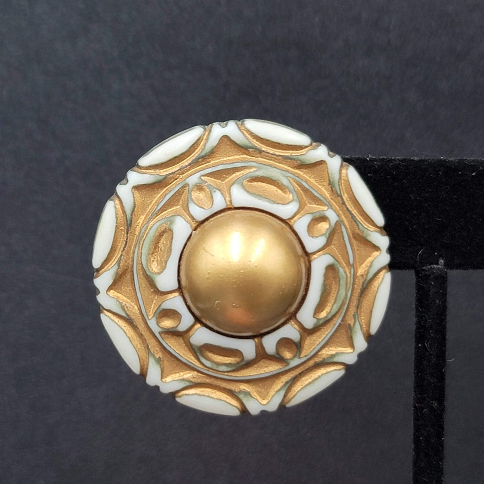 Vintage Pierced Earrings Large Statement Engraved Green Gold White Acrylic  1.5"