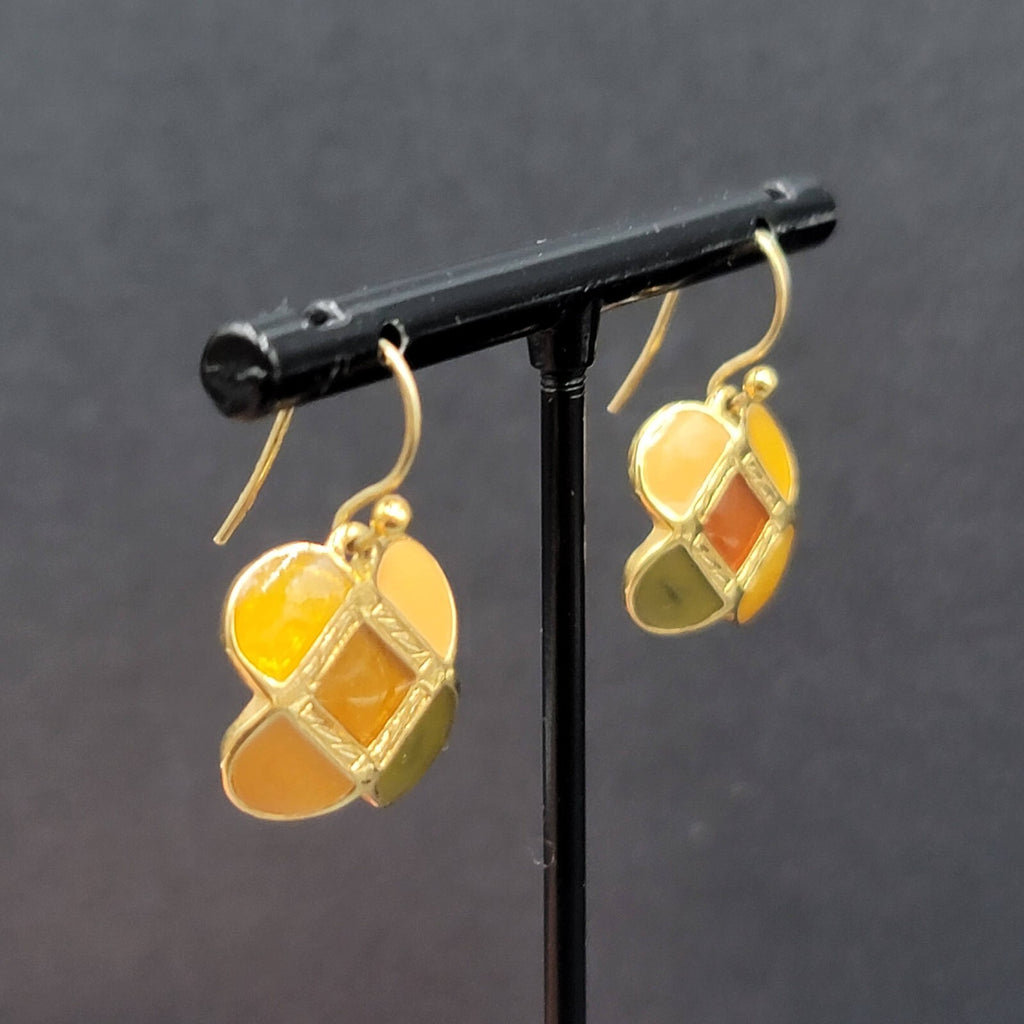 Ann Klein Pierced Earrings Gold Plated Orange Green Enamel Dangle 5/8"