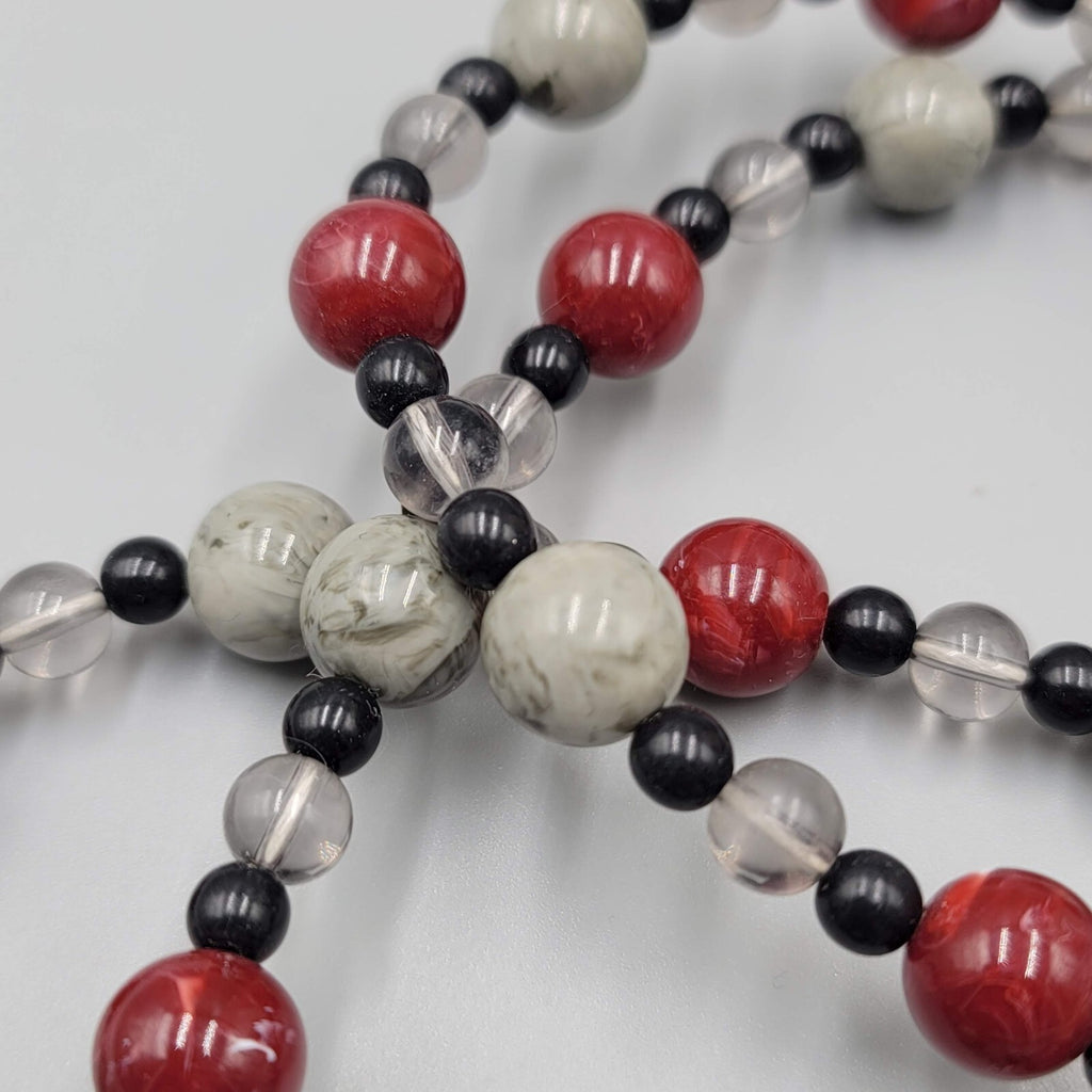 Vintage Monet Necklace Black Grey Red Plastic Beads LONG 34"