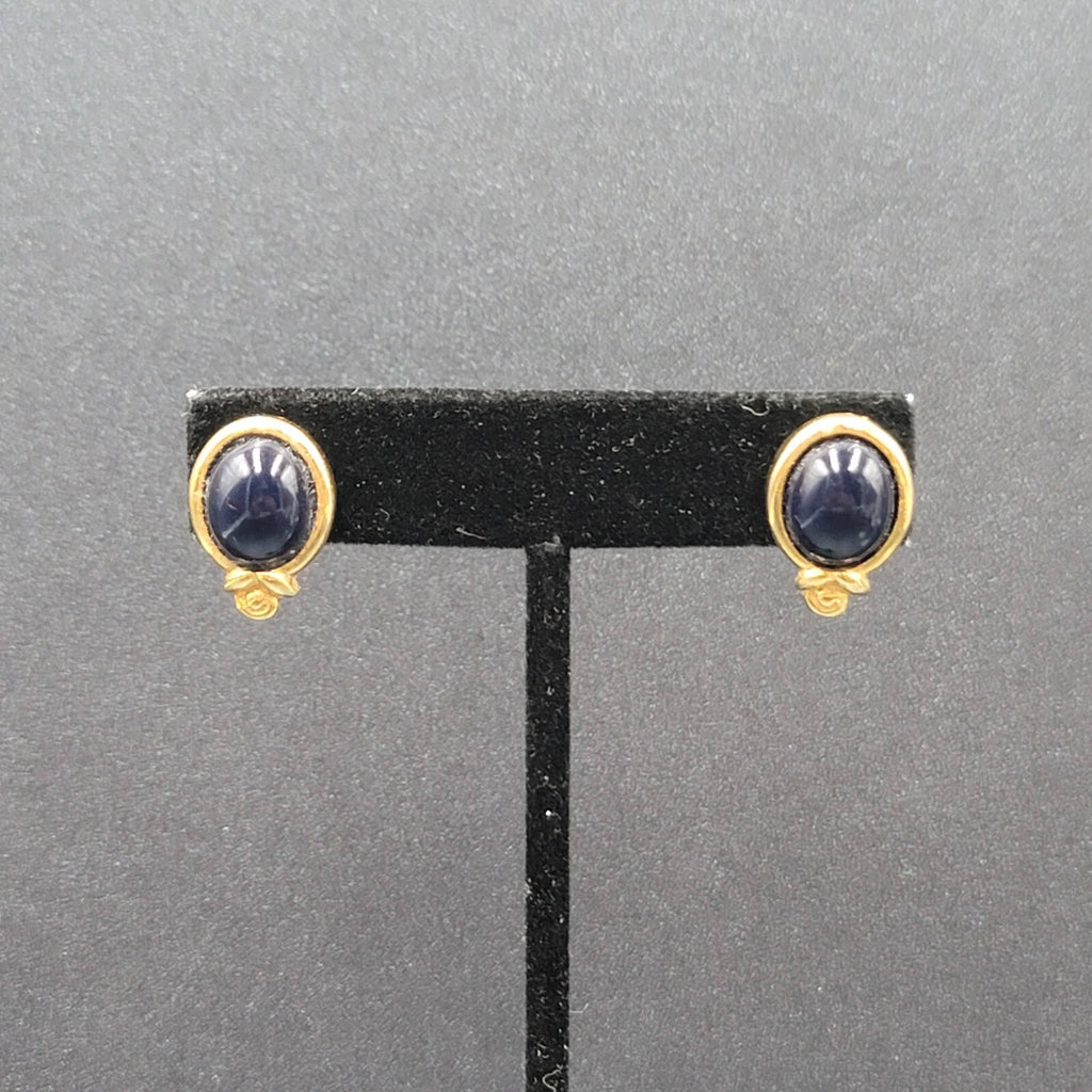 Vintage LCi Pierced Earrings Gold tone Blue Cabochon Studs 3/4"