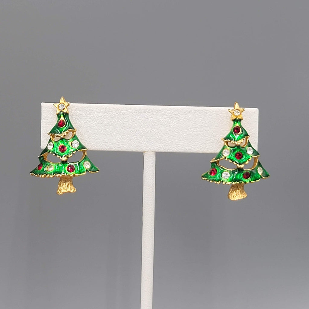 Christmas Tree Pierced Earrings Gold tone Enamel Rhinestone 1 1/8"