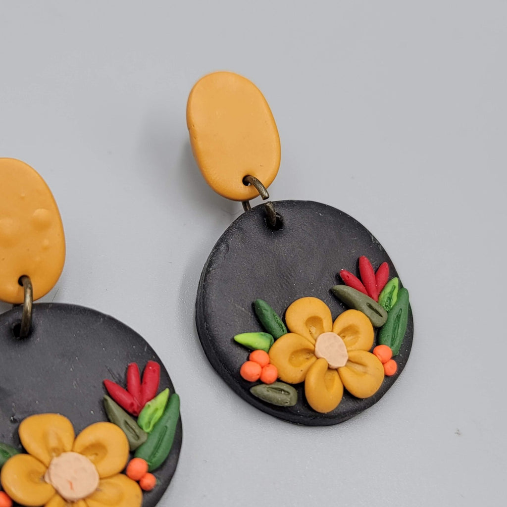 Polymer Clay Flower Pierced Earrings Tan Black Dangle Fall 1.75"