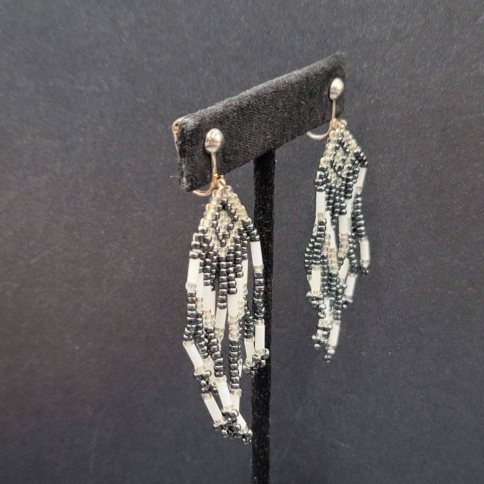 Vintage Clip on Earrings Seed Bead Weaved Dangle 2 3/8"