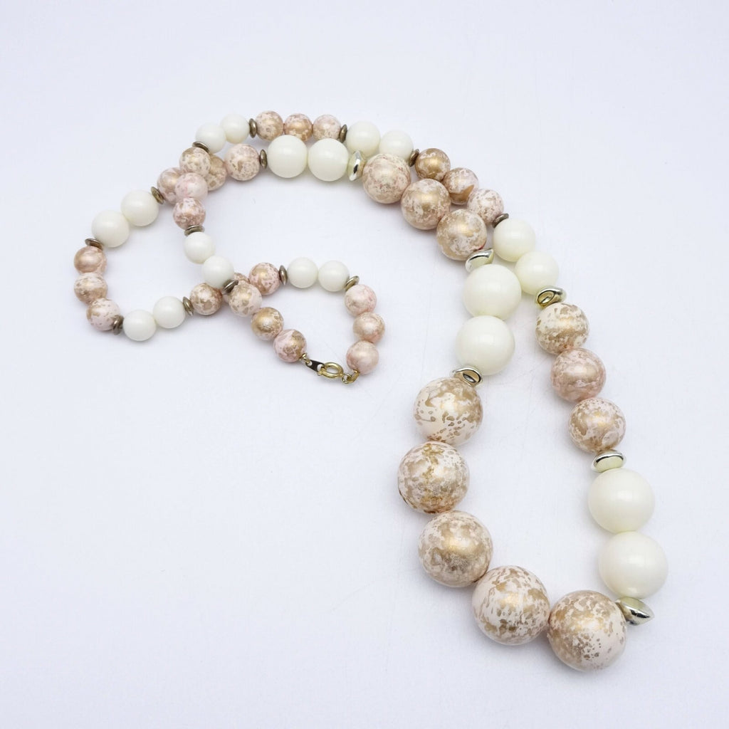 Vintage Mid Century White and Gold Graduated Bead Necklace 30 in