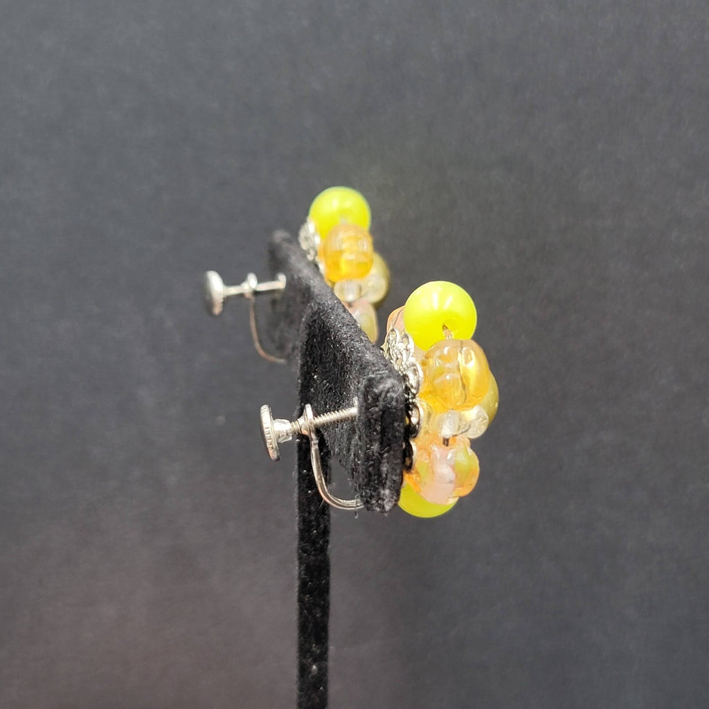 Vintage Clip on Earrings Yellow Green Pink Acrylic Cluster Bead Studs 1"