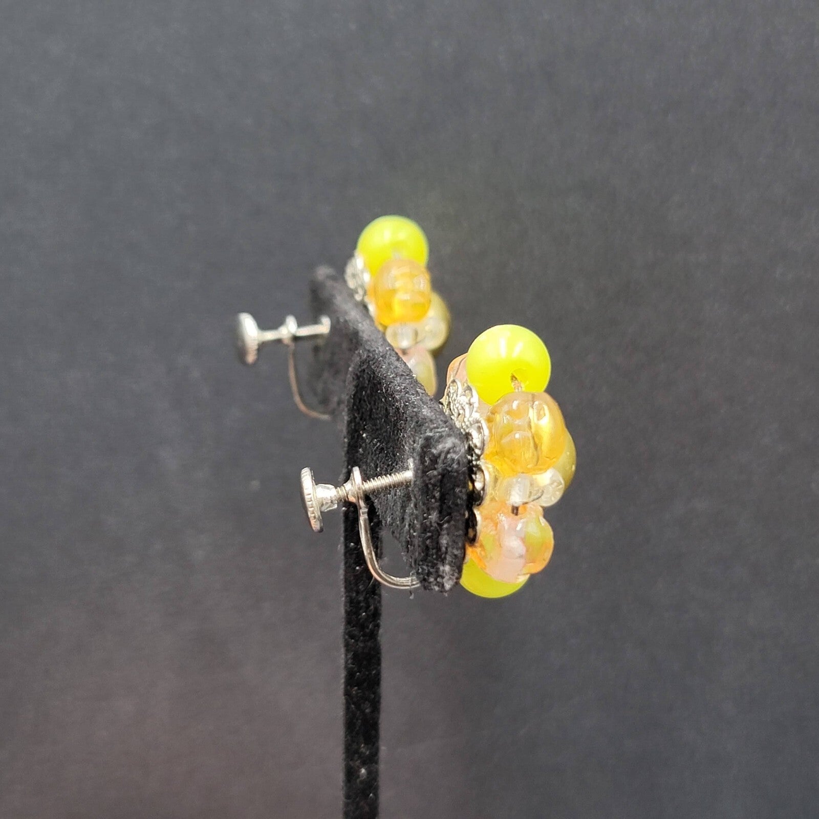 Vintage Clip on Earrings Yellow Green Pink Acrylic Cluster Bead Studs 1"