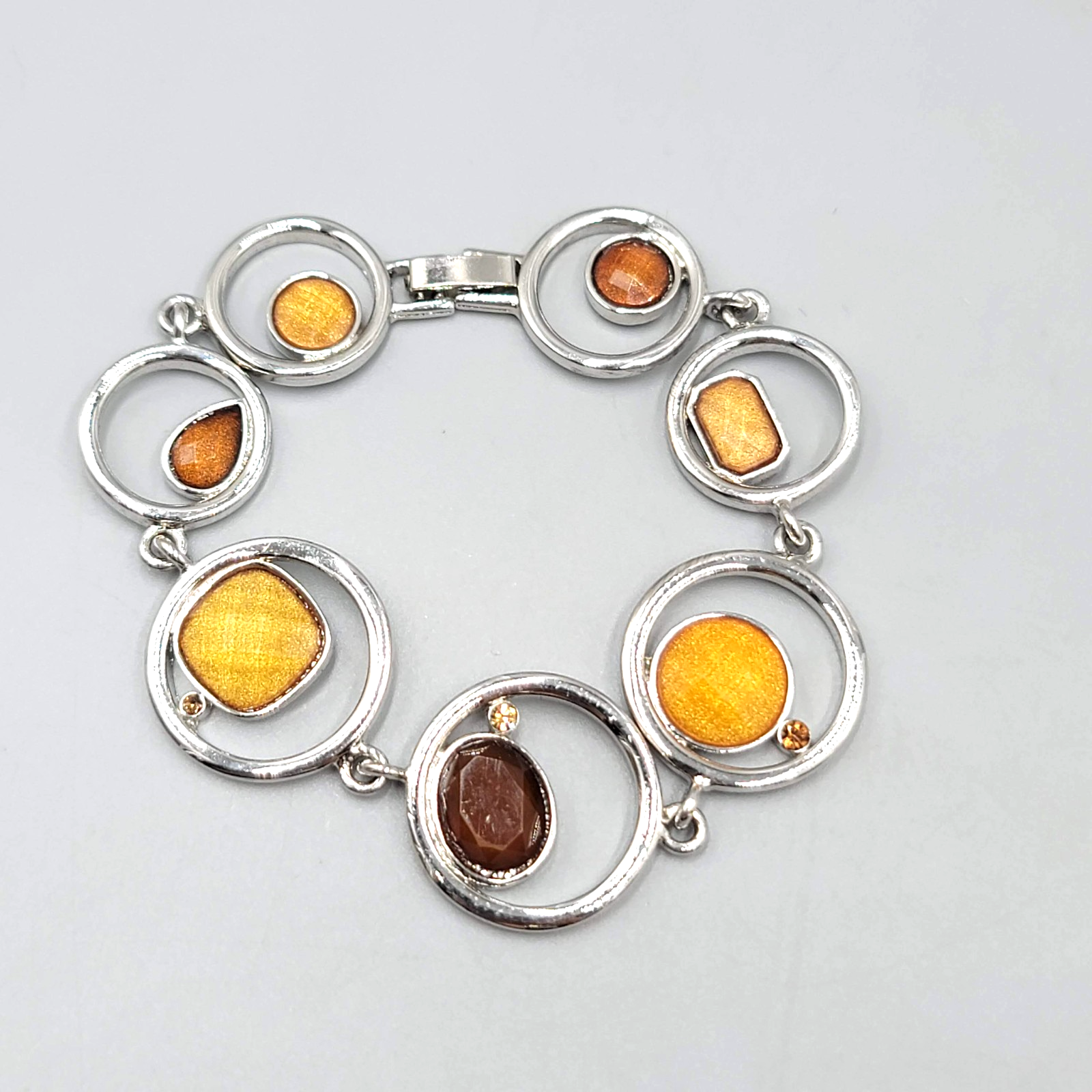 Silver tone Bracelet Orange Resin Accents Modernist 6.75"