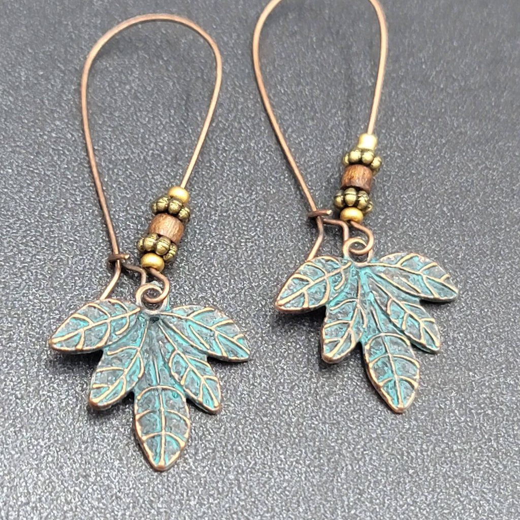 Pierced Earrings Bronze tone Green Patina Leaf Beaded Dangle 2.25"