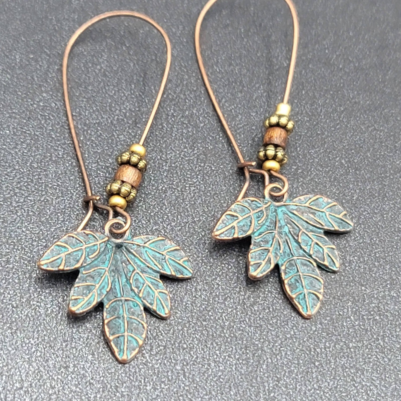 Pierced Earrings Bronze tone Green Patina Leaf Beaded Dangle 2.25"