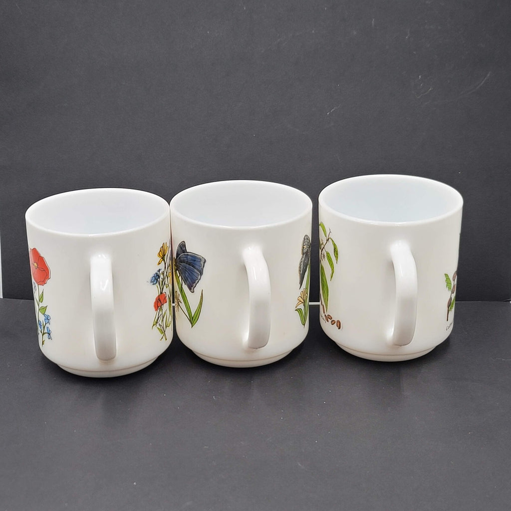 Vtg White Milk Glass Coffee Mugs Made in France Lot of 3 Butterfly Flowers Plant