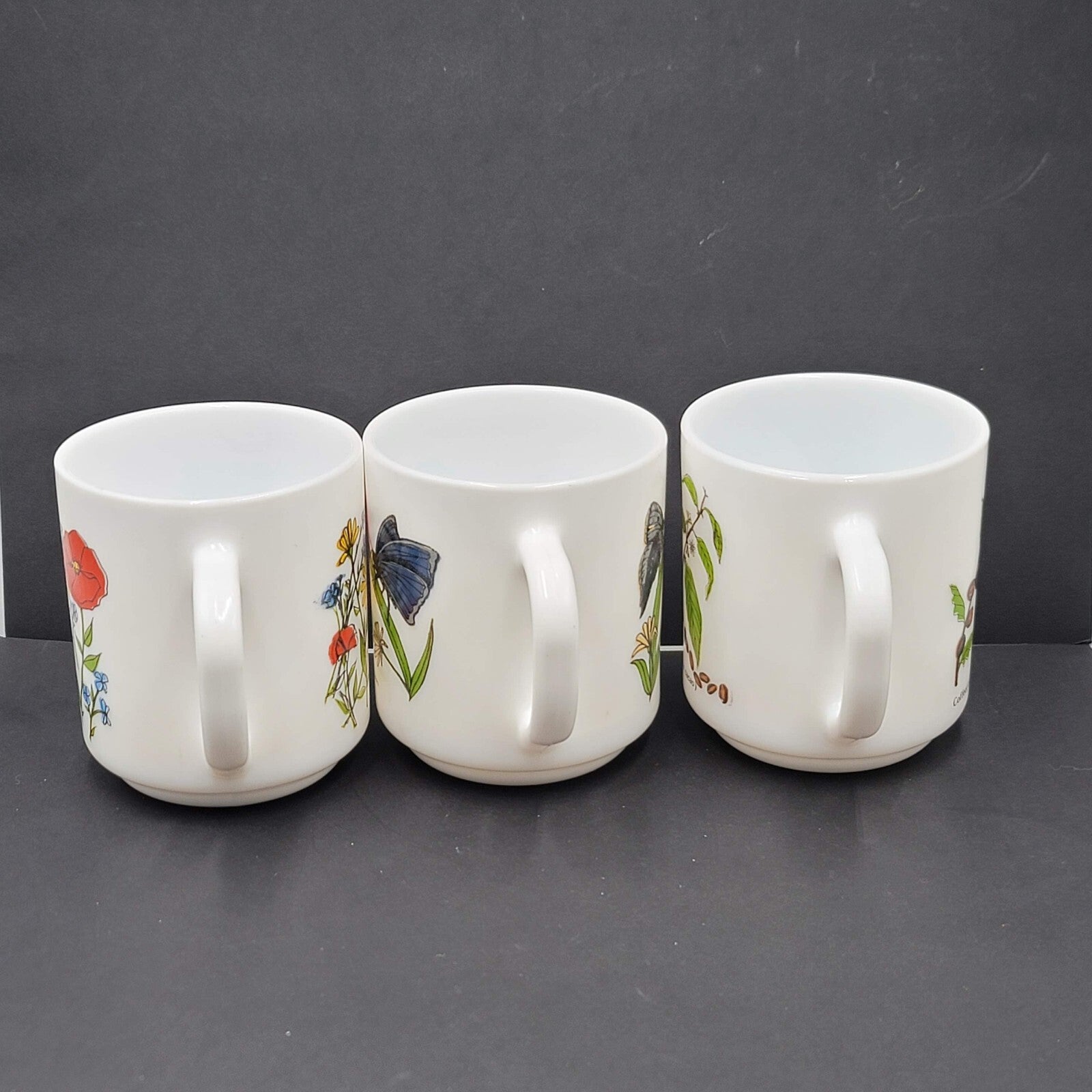 Vtg White Milk Glass Coffee Mugs Made in France Lot of 3 Butterfly Flowers Plant