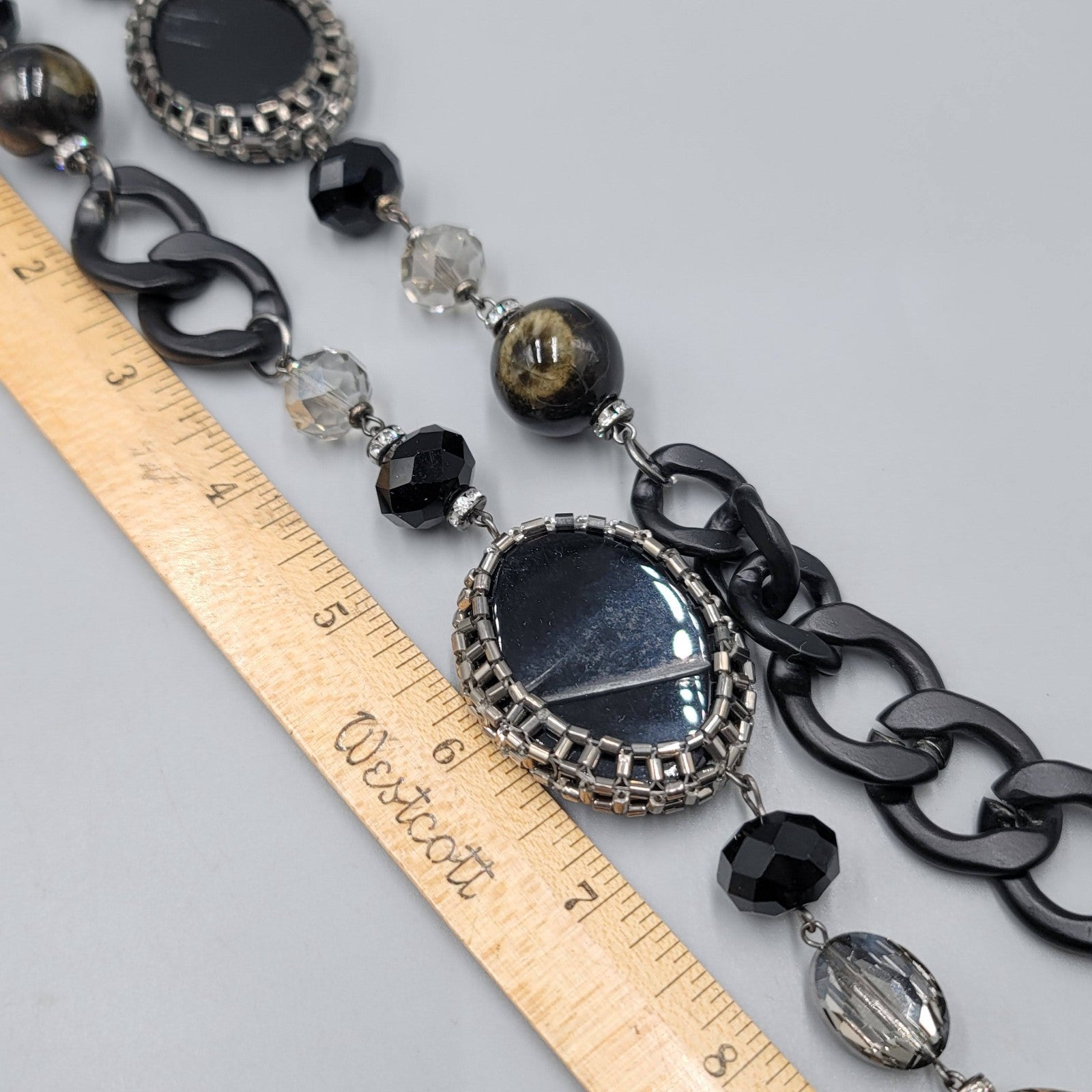 Large Statement Black Metal Eclectic Stone Beads Necklace 36 in