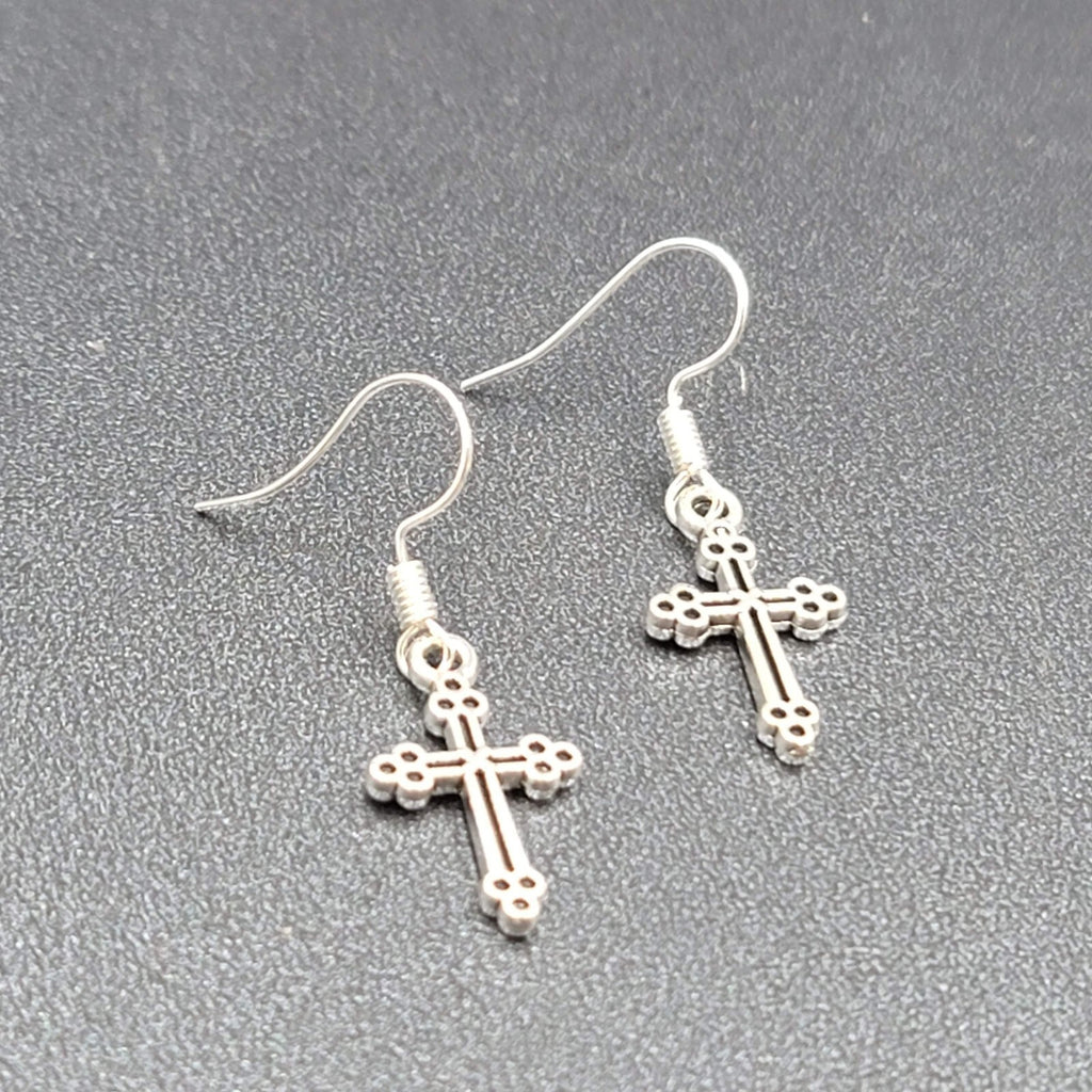 Pierced Earrings Cross Silver tone Dangle 7/8"
