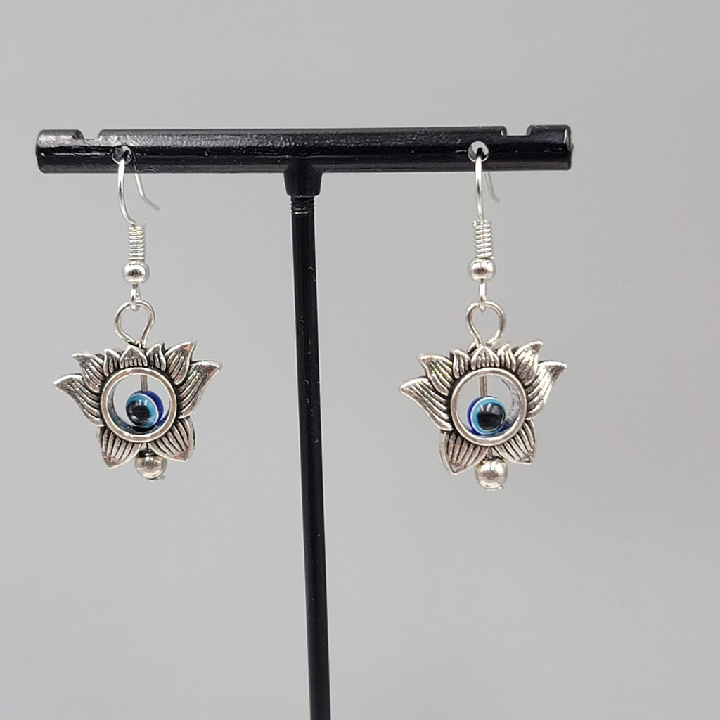 Lotus Flower Evil Eye Pierced Earrings Silver tone Blue Bead Dangle 3/4"