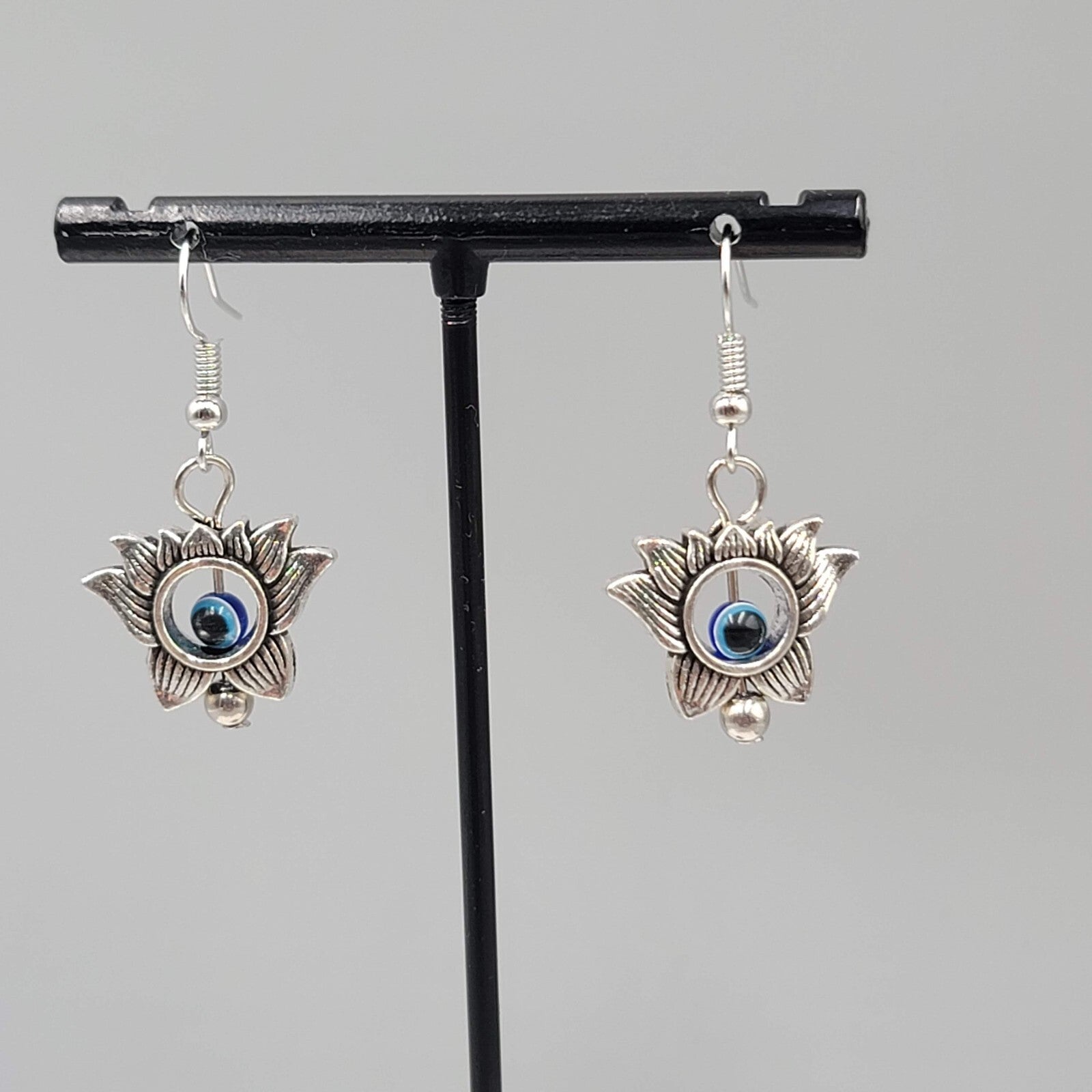 Lotus Flower Evil Eye Pierced Earrings Silver tone Blue Bead Dangle 3/4"