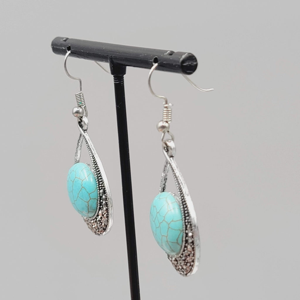 Teardrop Dangle Pierced Earrings Silver tone Marcasite Blue Howlite 1.25"