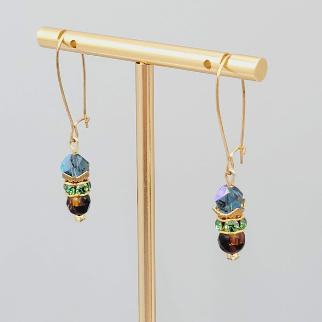 Multicolor Faceted Bead Pierced Earrings Long Gold tone Hooks 1.75"