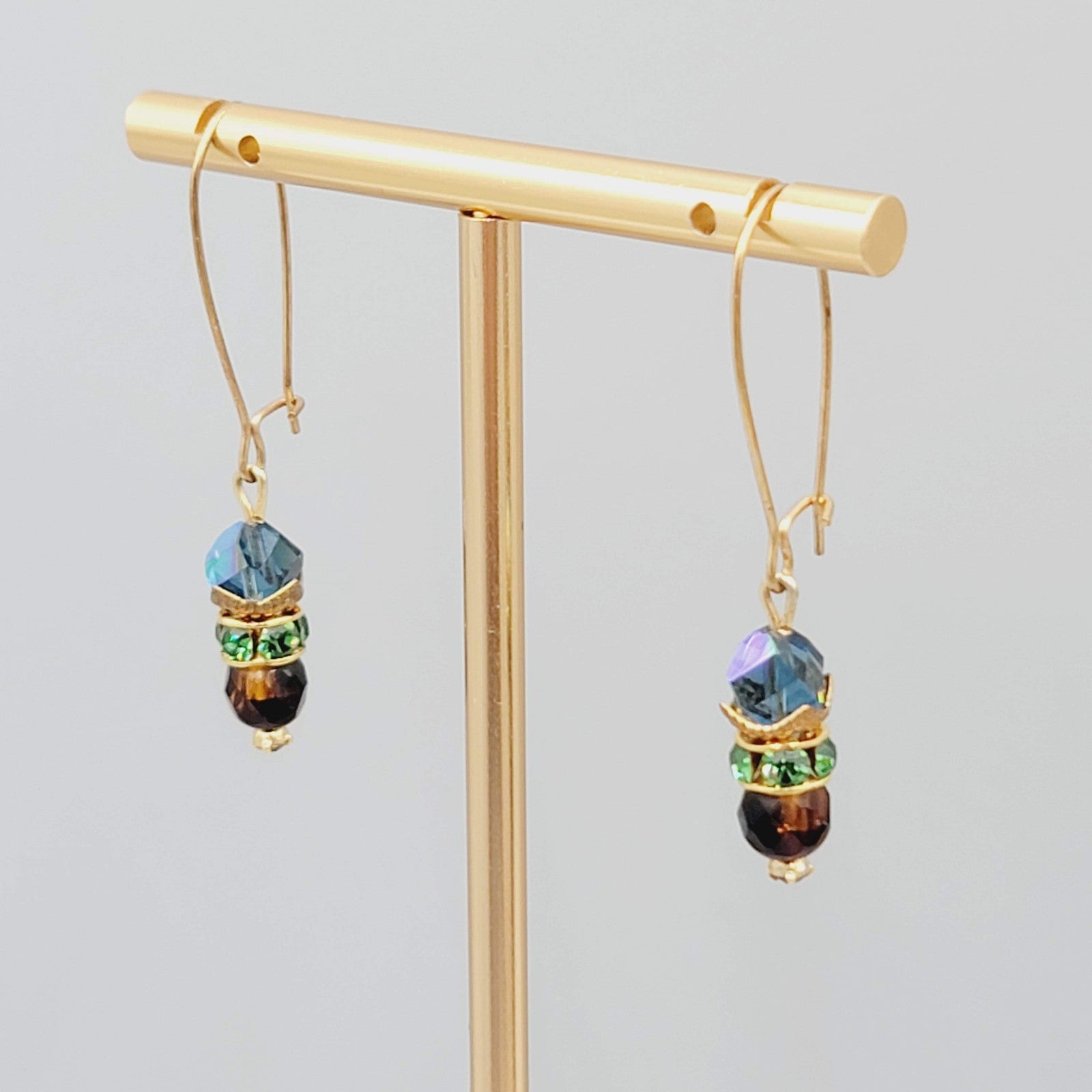 Multicolor Faceted Bead Pierced Earrings Long Gold tone Hooks 1.75"