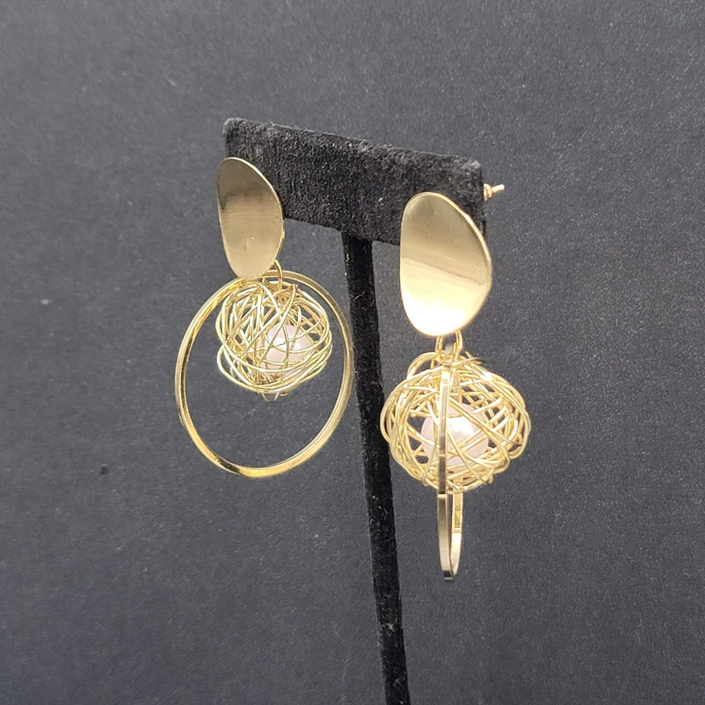 Pierced Earrings Gold tone Large Statement Wire Wrapped White Bead 2.25"