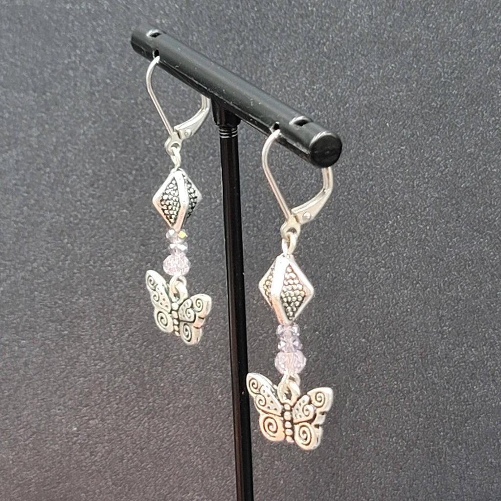 Butterfly Pierced Earrings Silver tone Purple Crystal Bead Dangle 1.25"