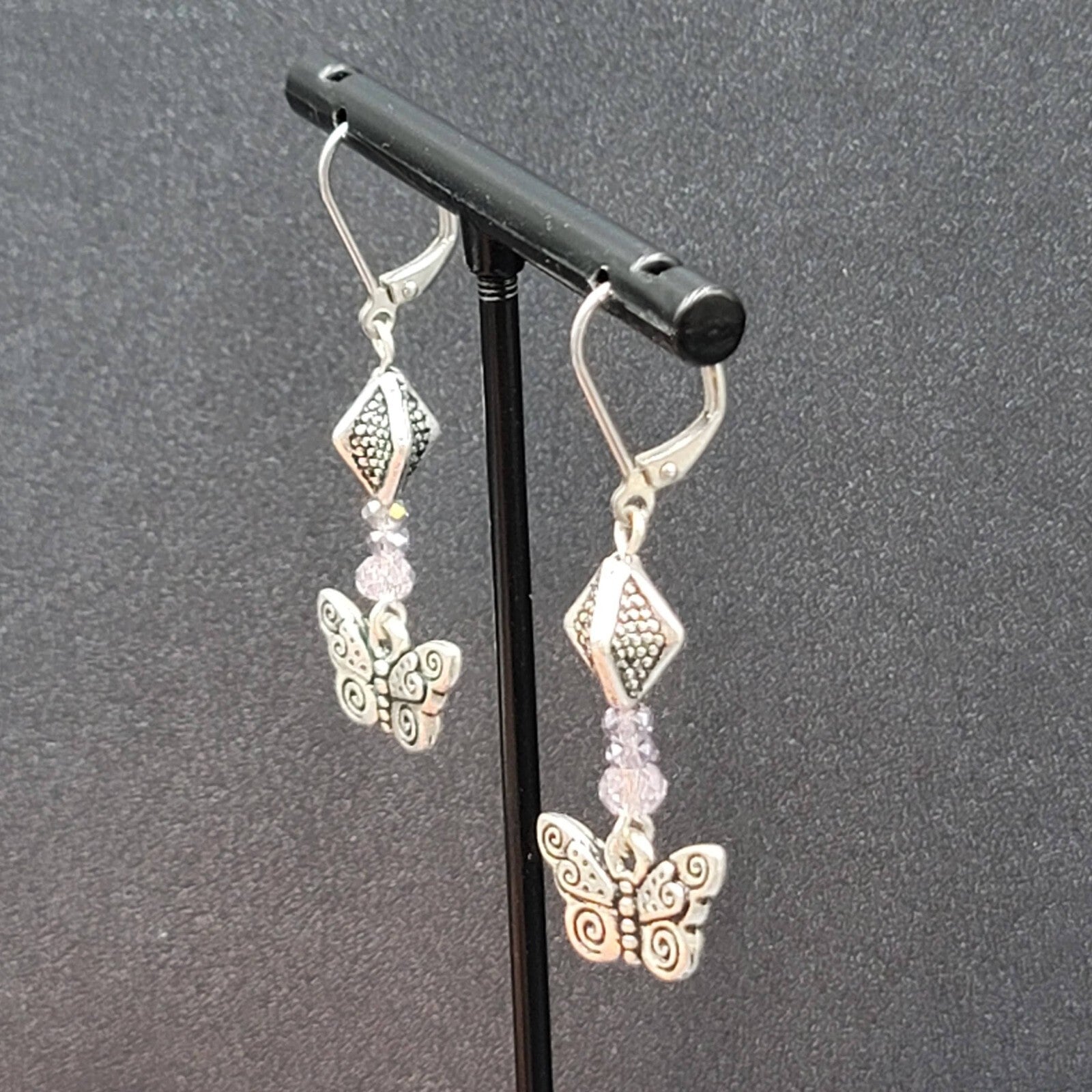 Butterfly Pierced Earrings Silver tone Purple Crystal Bead Dangle 1.25"
