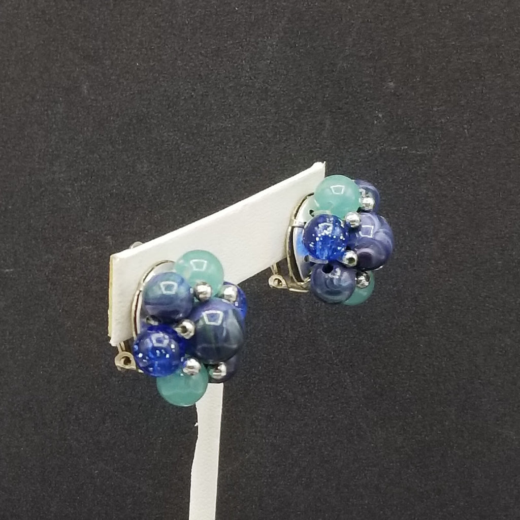 Vintage Clip On Silver tone Blue and Green Acrylic Bead Cluster Stud 1"