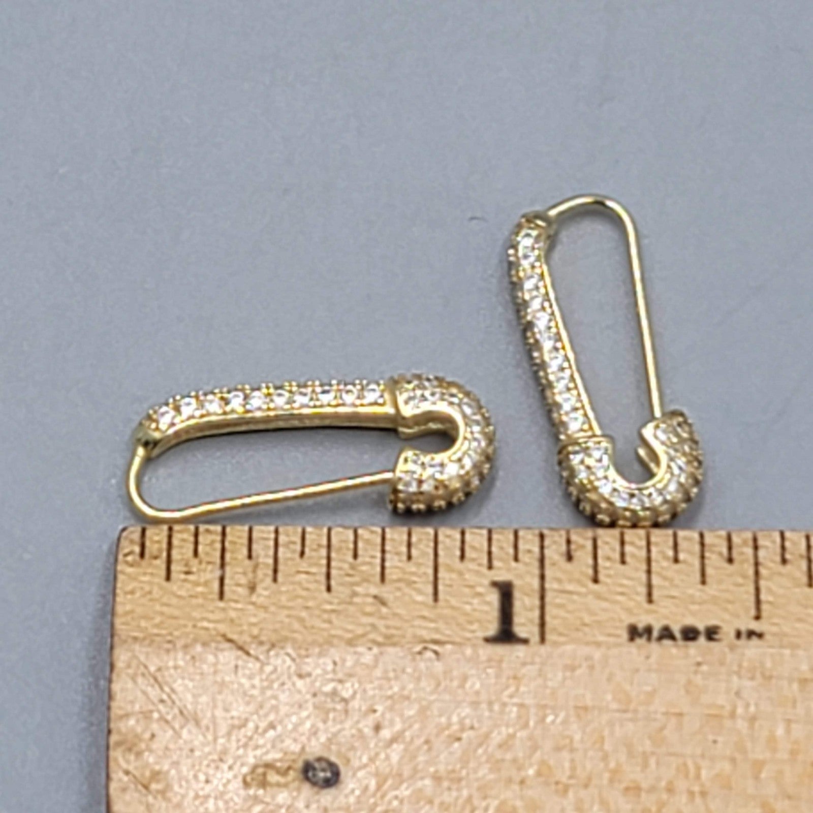 Crystal Studded Safety Pin Sterling Silver Gold Vermeil Pierced Earrings 7/8"