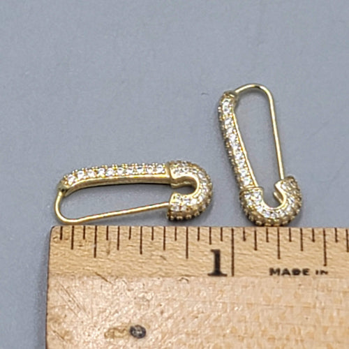 Crystal Studded Safety Pin Sterling Silver Gold Vermeil Pierced Earrings 7/8"