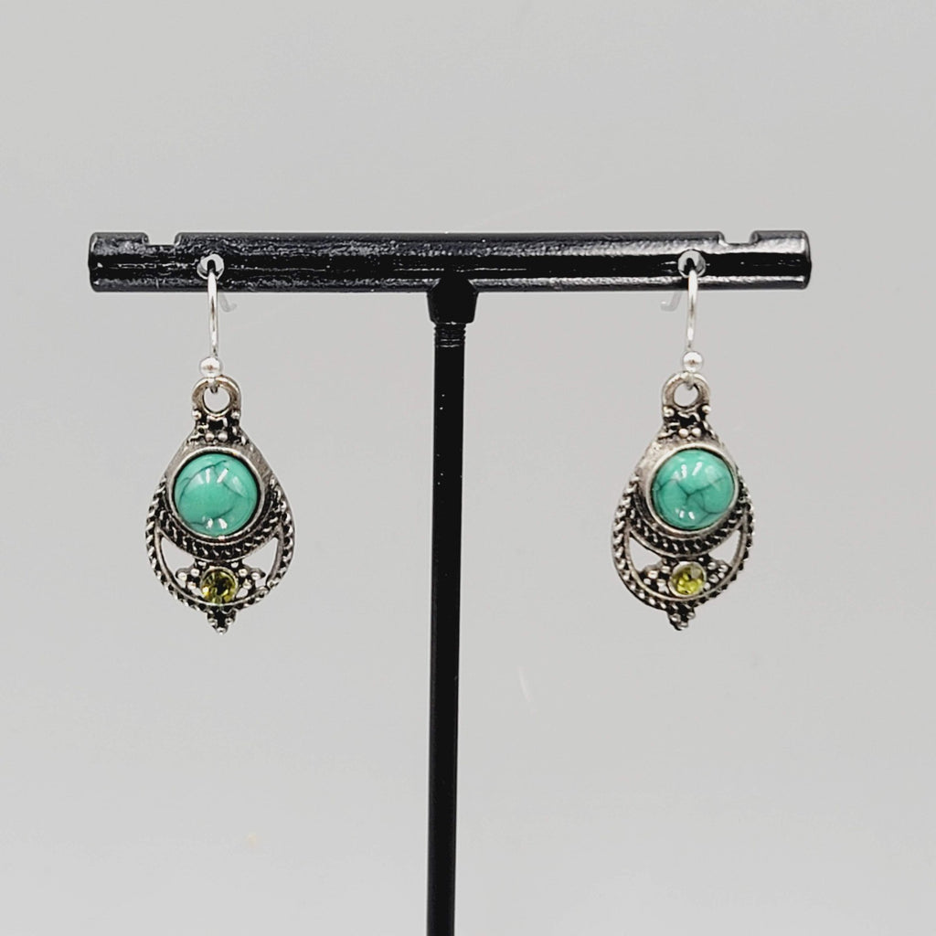 Boho Antiqued Silver tone Pierced Earrings Green Accent Yellow Rhinestone 7/8"