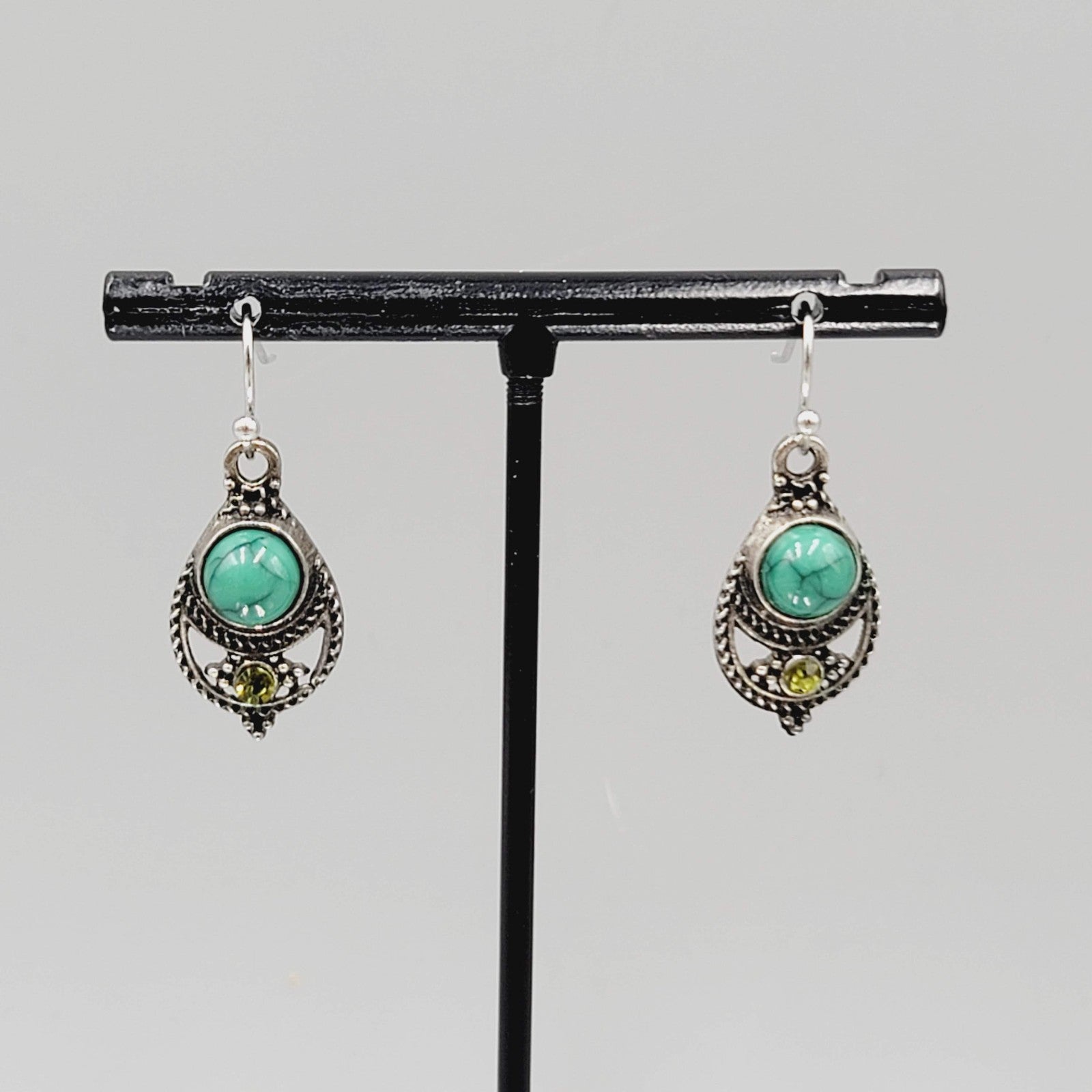 Boho Antiqued Silver tone Pierced Earrings Green Accent Yellow Rhinestone 7/8"