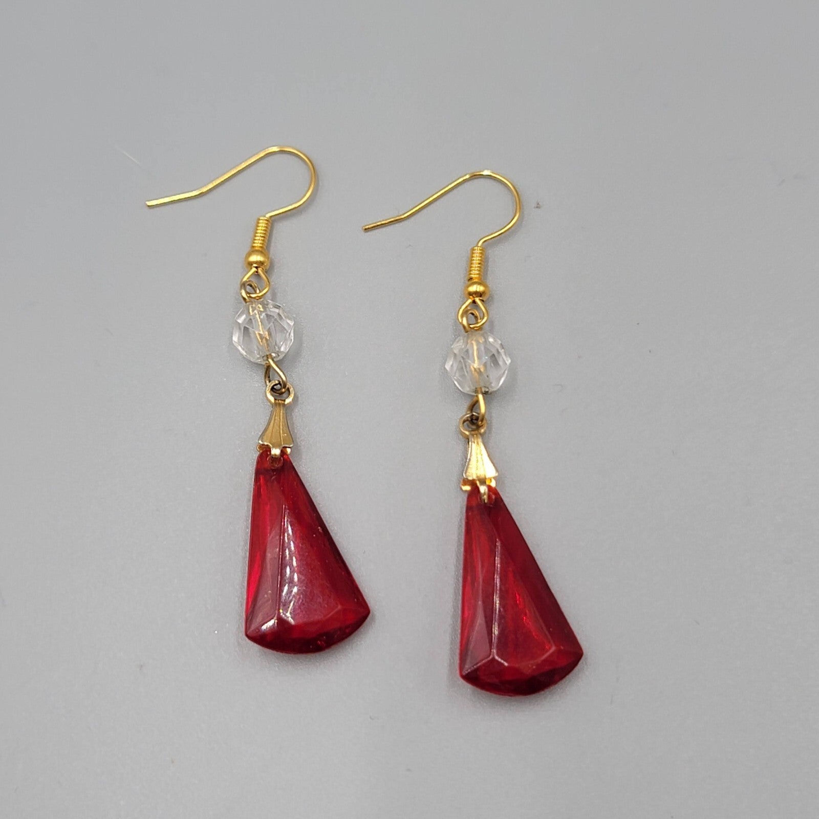 Pierced Earrings  Gold tone Red Clear Acrylic Bead Dangle 1.75" Lightweight